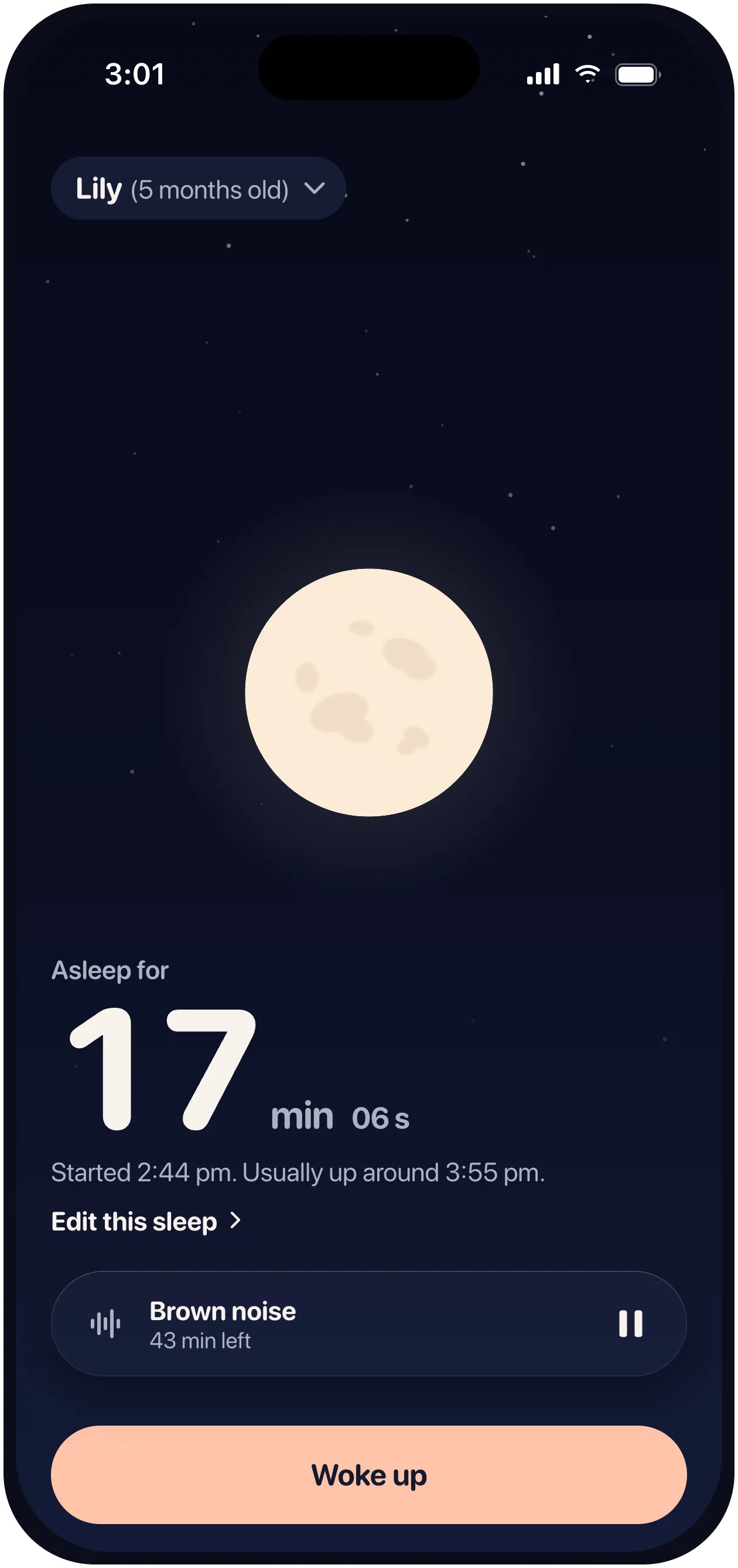 Napling sleep timer showing a baby asleep for 17 minutes
