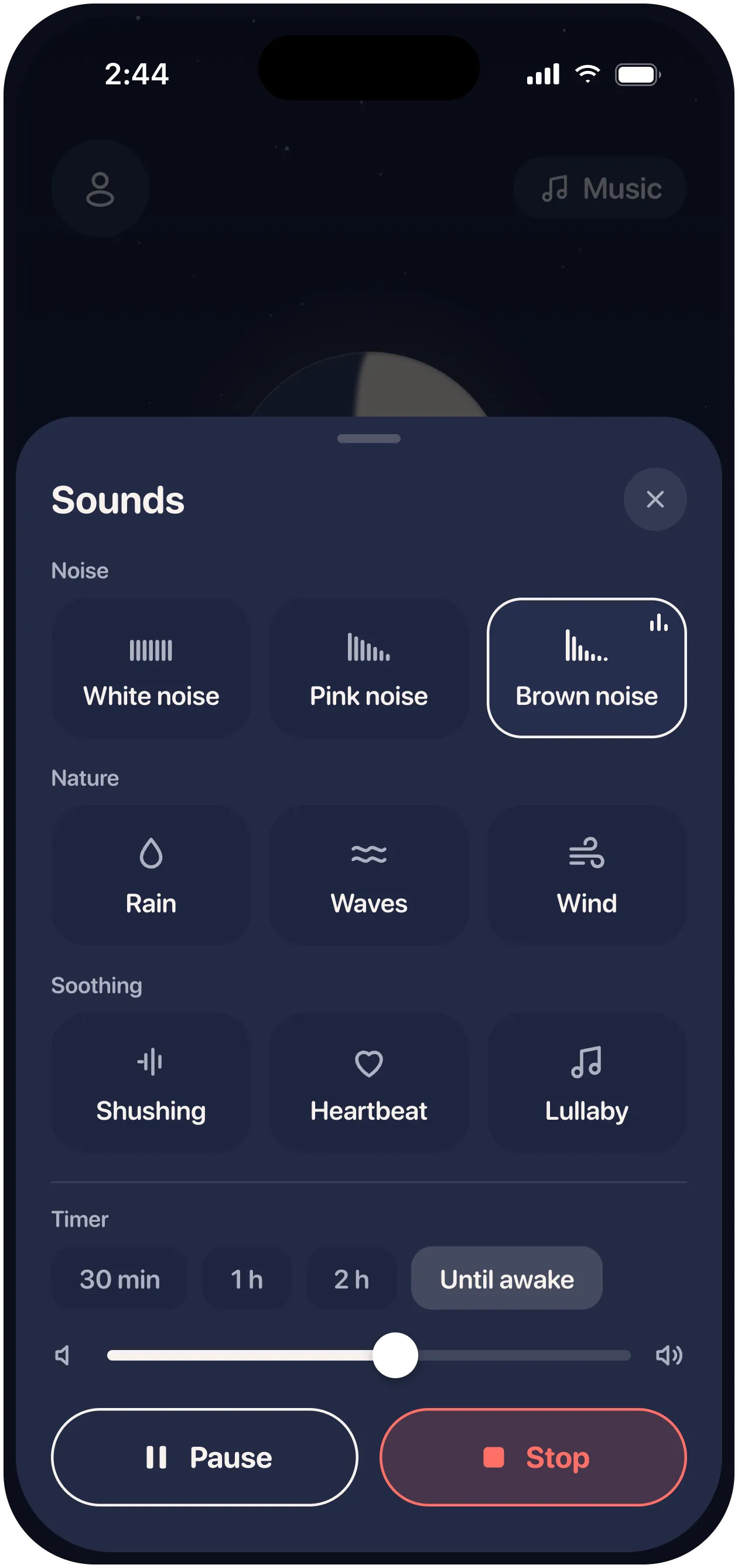 Napling sleep sounds: white, pink and brown noise, rain, waves, wind, shushing, heartbeat and a lullaby