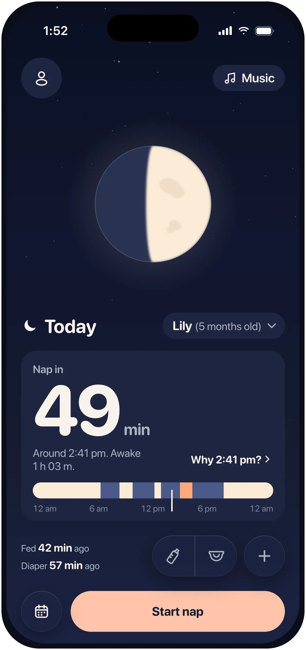 Napling baby sleep tracker counting down to the next nap in 49 minutes