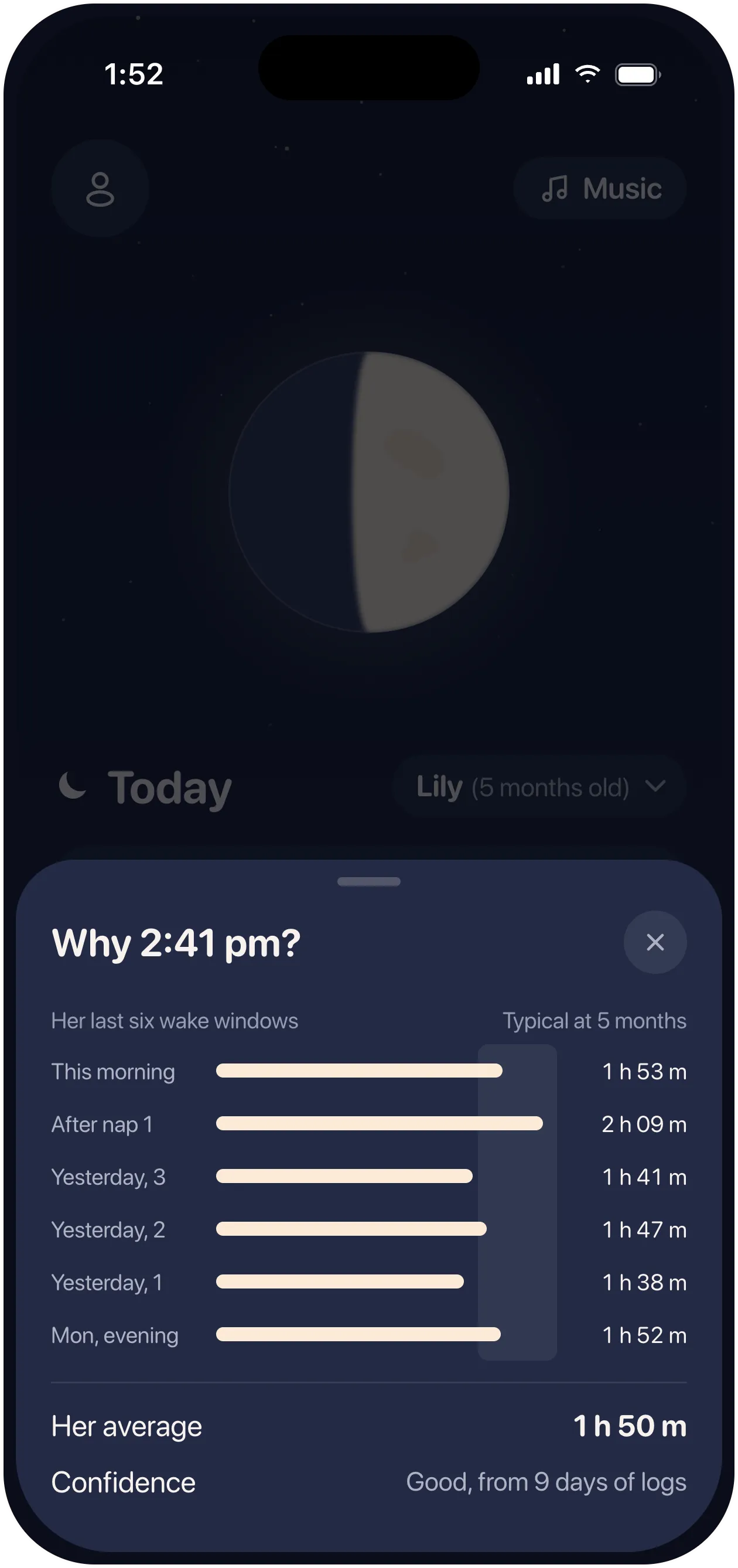 Napling baby sleep tracker explaining a nap prediction from the baby's last six wake windows
